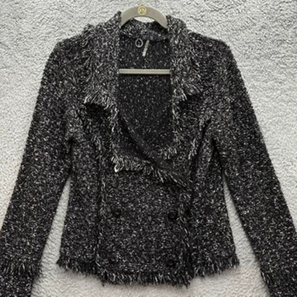 One Girl Who Medium Jacket Snaps Stretchy Long Sleeves Black White Fringe - Picture 2 of 12